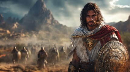A powerful warrior stands in a desert landscape his army advancing behind him  Ideal for video game promotion fantasy art or historical fiction