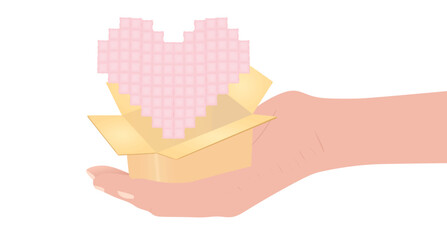 Hand hold open box with heart. vector