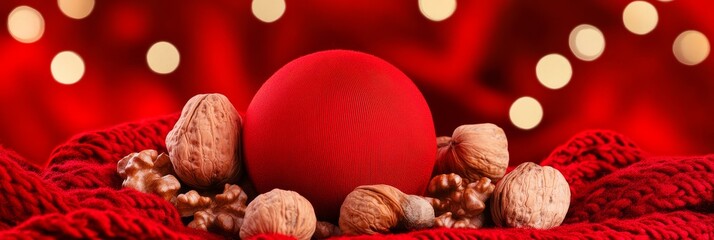 Red Ornament and Walnuts on Knitted Fabric - Festive winter scene, red ball, walnuts, cozy knit, warm lights, holiday spirit.