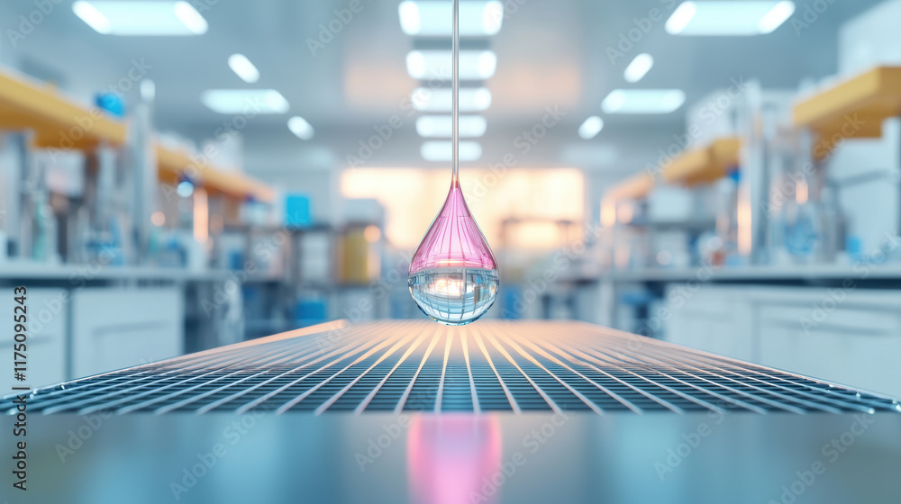 Poster hyperrealistic image of water drop suspended in laboratory, showcasing its vibrant colors and reflec
