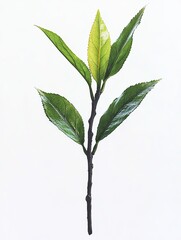 Green tea leaves sprig on white background; for tea packaging design.