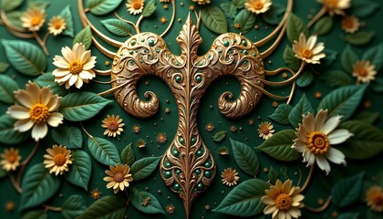 Obraz premium Floral ornate golden emblem with leaves and flowers, elaborate design on green background 