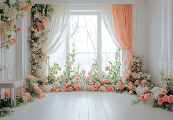 Floral window setting with peach and white roses.