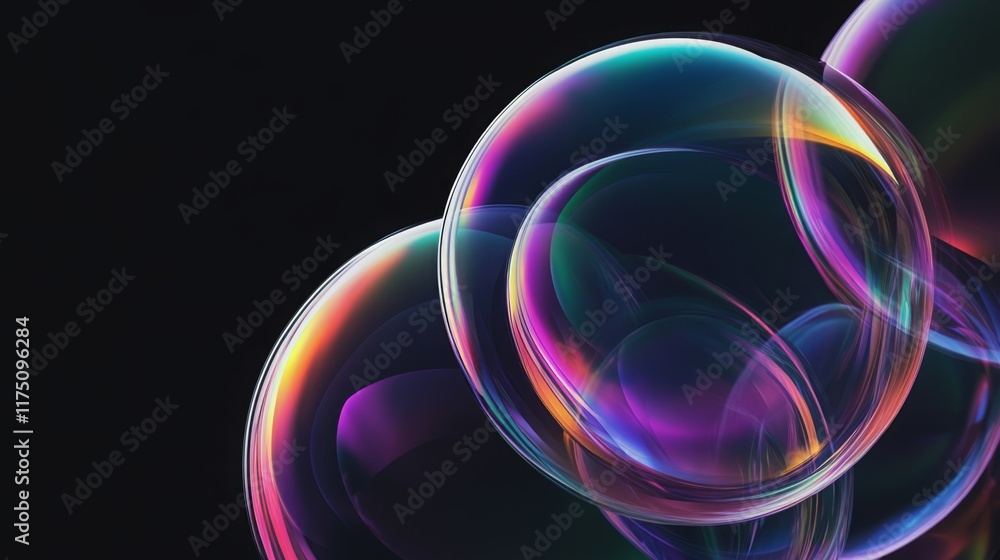Wall mural glowing soap bubbles isolated on black background. abstract soapy random spheres 3d brutalism design
