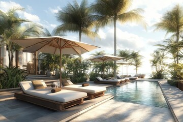 Fototapeta premium Resort Swimming Pool with Umbrella Chairs Surrounded by Majestic Coconut Palms