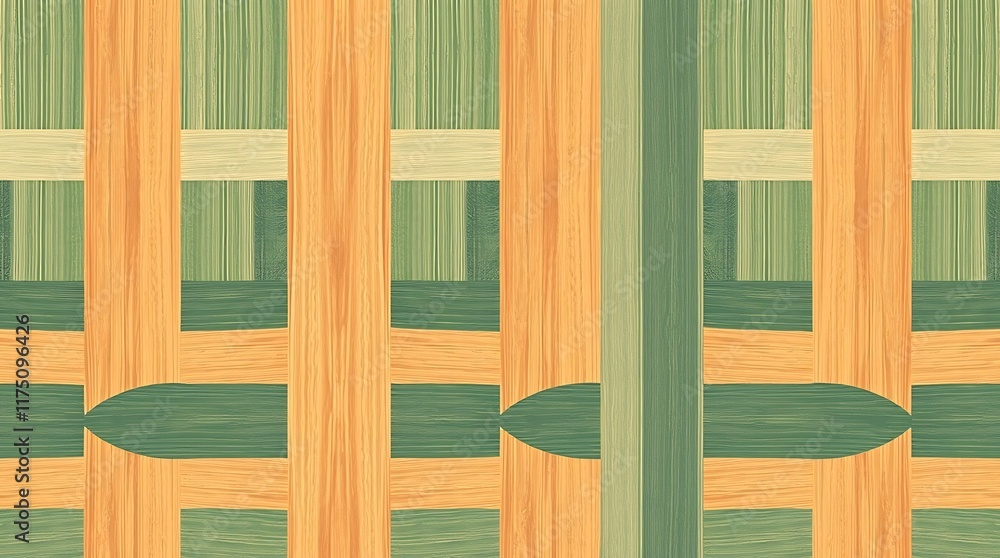 Poster abstract wooden texture: geometric patterns in green and orange. a harmonious blend of natural wood 