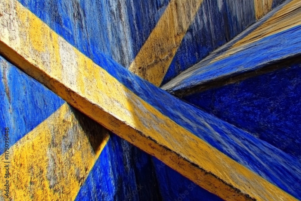 Aufkleber an abstract composition of interlocking blue and yellow shapes, radiating outward in a dynamic arran