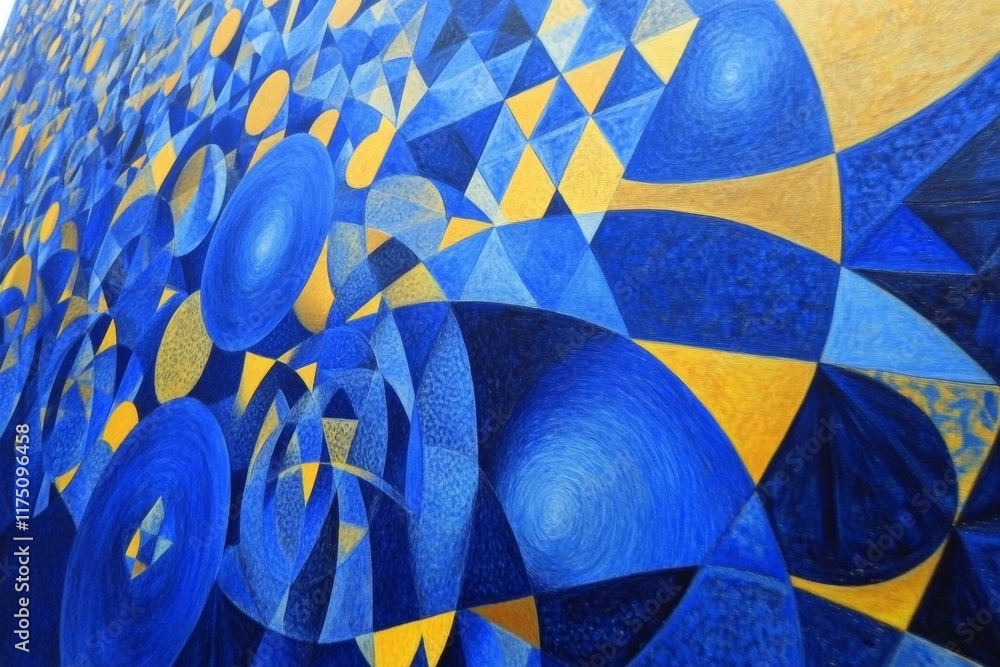 Poster A vibrant array of circular motifs blending blue and yellow into a mesmerizing artwork, illustrating the joy of color and the circular nature of creativity and life.