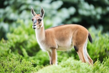 Fototapeta premium Guanaco Lama Guanicoe gazing at the stunning Andes Mountains in Torres del Paine National Park, Patagonia, Chile