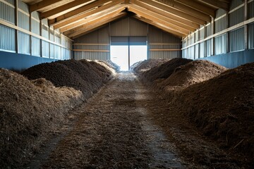 Large compost piles in a barn-like structure.