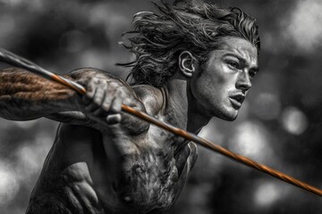 A powerful action shot of a muscular athlete in motion, preparing to launch a javelin into the distance, portraying strength, focus, and the essence of competitive sports.