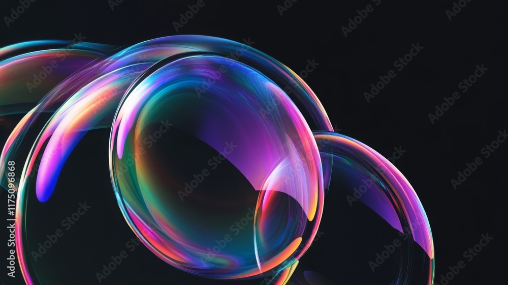 Poster glowing soap bubbles isolated on black background. abstract soapy random spheres 3d brutalism design