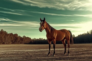 An elegant horse strikes a pose in an expansive golden landscape, capturing the enchanting beauty of nature during a picturesque sunset against the horizon.