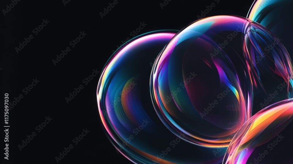 Wall mural glowing soap bubbles isolated on black background. abstract soapy random spheres 3d brutalism design