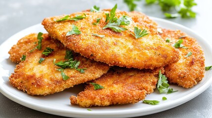 Crispy Fried Fish Fillets Garnished with Fresh Parsley on Plate