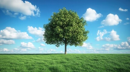 Fototapeta premium A lone tree standing majestically in the middle of a vast green field under a clear blue sky.