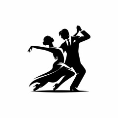 A dynamic silhouette of a man and woman passionately dancing a ballroom dance, likely a tango or similar style.