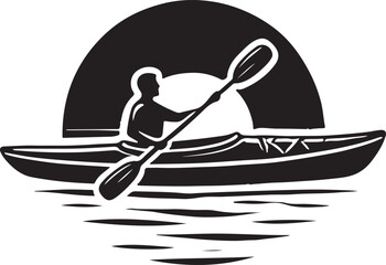 A stylized, black and white silhouette of a person kayaking on a body of water at sunrise or sunset.