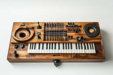 Wooden keyboard instrument with various controls and speakers.