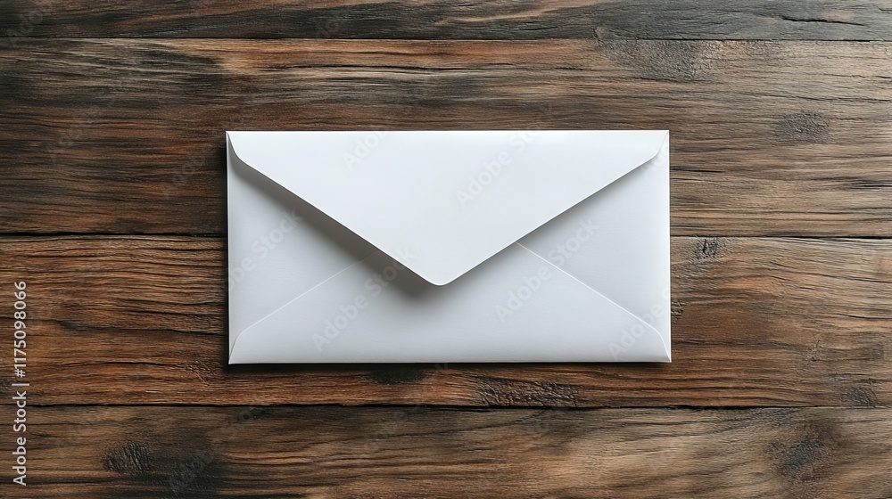 Poster a crisp white envelope laying perfectly centered on a rustic textured wooden surface creates a class