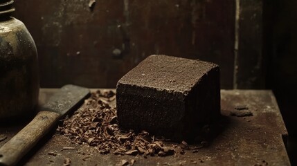 Dark Brown Cube Rests On A Dusty Work Surface