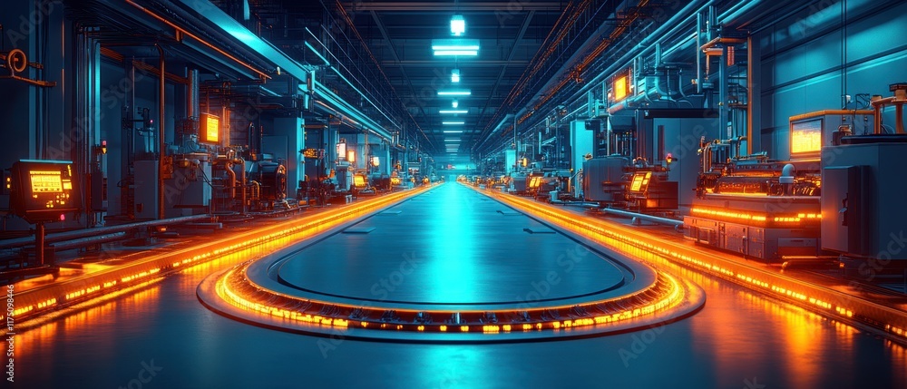 Poster futuristic industrial setting with glowing pathways and machinery in a factory environment.