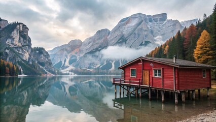 Fototapeta premium Tranquil Lake Scene with Rustic Cabin, Misty Mountains & Autumn V6