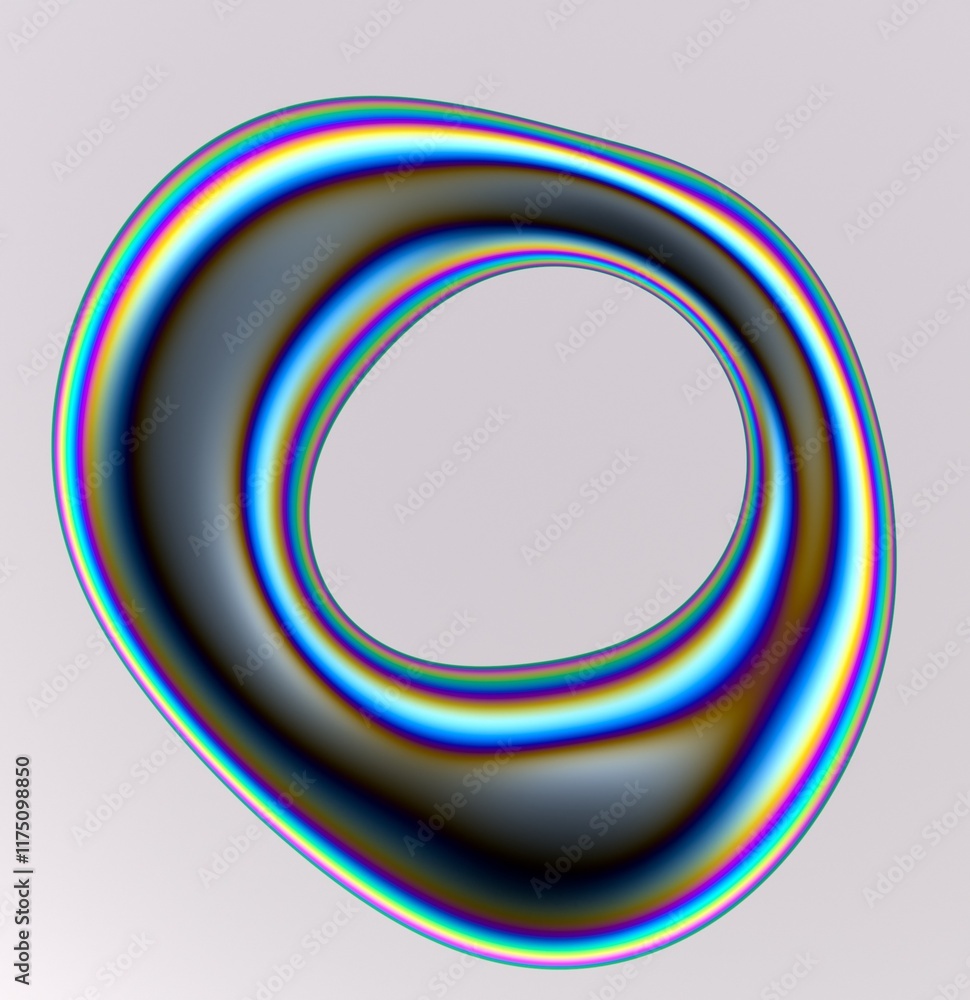 Poster Holographic liquid substance of oval shape with a hole in the middle on a white background. 3D illustration of a strange futuristic organic shape in shimmering pearlescent colors.