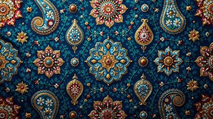 Naklejka premium Intricate Handcrafted Textile Design Featuring Ornate Floral and Paisley Motifs in Rich Jewel Tones