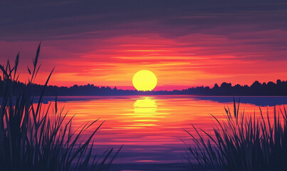 Vibrant sunset over the calm lake