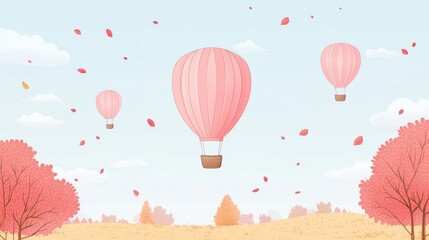 Pink Hot Air Balloons Ascending Over Autumnal Landscape with Falling Leaves