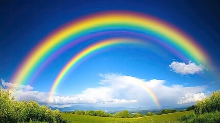 Double Rainbow Arcs Over Lush Green Landscape