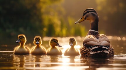 Fototapeta premium Mallard Duck Mother Protecting Her Ducklings