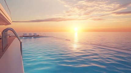 A boat is  with a view of the ocean and a beautiful sunset in the background, with a sky filled with clouds.