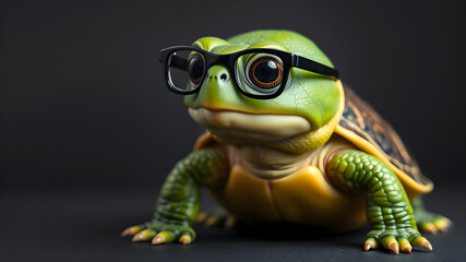 Obraz premium Cute little green turtle with glasses in front of studio background. Generative AI
