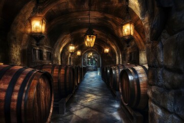 Fototapeta premium Rustic Wine Cellar with Wooden Barrels