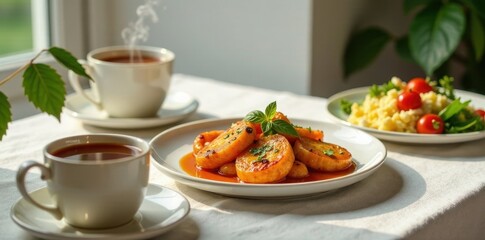 Aromatic Spiced Root Vegetable Dish with a Side of Cooked Grain and Fresh Greens, Served with Two Cups of Warm Tea on a Sunlit Table