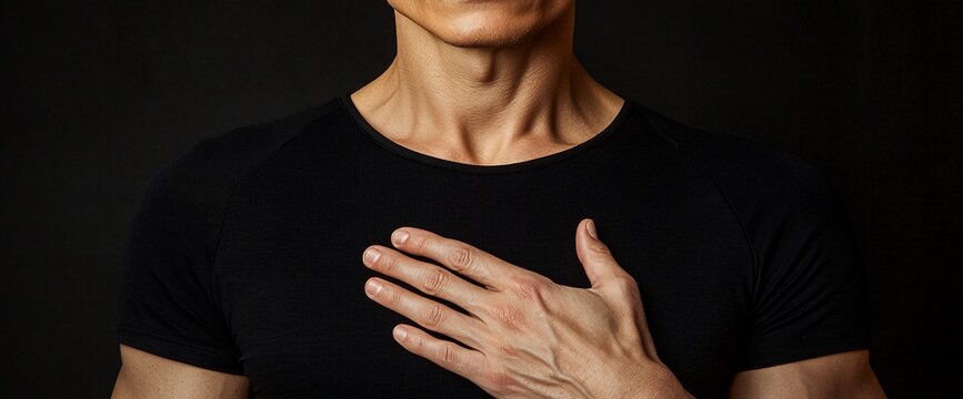 Man in black shirt with hand on chest.