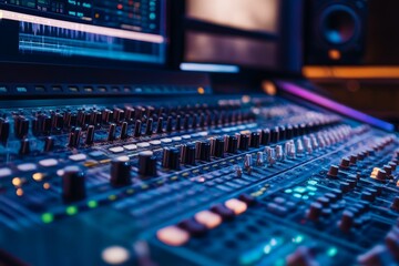 Fototapeta premium Audio mixing console, illuminated knobs, digital screen.