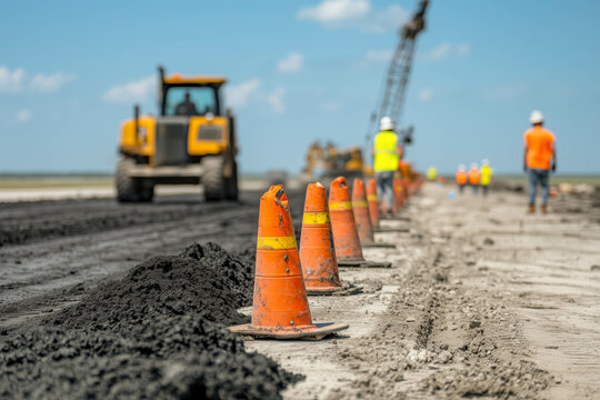 Road construction site with workers and machinery on a sunny day