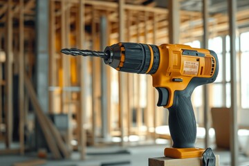 Orange cordless drill rests on wood, construction background.