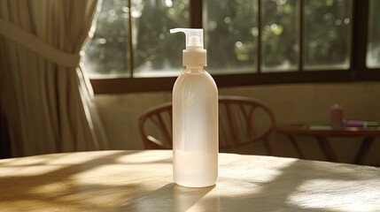 White pump bottle on wooden table in sunlit room.