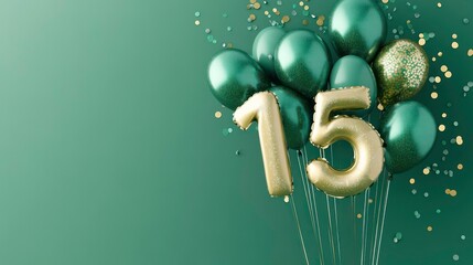 Green number 15 balloons with green and gold confetti on a green background. Concept of fifteen year old birthday celebration.