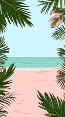 Obraz premium Pink sand beach scene framed by lush tropical palm fronds