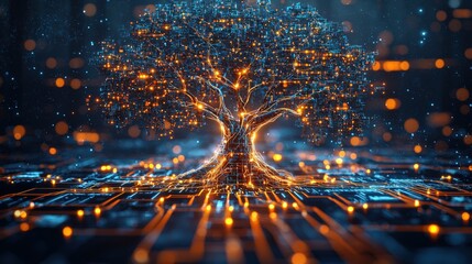 Naklejka premium A glowing tree made of digital circuits symbolizes the fusion of nature and technology in a vibrant, futuristic setting.