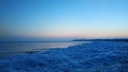 landscape with snow on the beach of Azov sea 2021