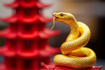 Fototapeta premium Golden serpent encircling a red pagoda sculpture a symbol of prosperity and protection