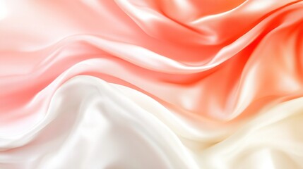 Fototapeta premium Elegant and bright satin silk in peach pink and white tones, with gentle wrinkles, creating a luxurious space for romantic or festive designs