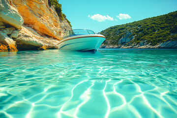 Luxurious yacht anchored in clear turquoise waters near rocky coastline