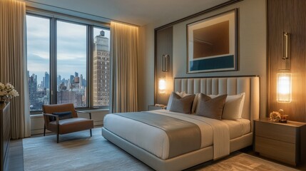 A modern bedroom with a sleek bed, statement lighting fixtures, and an elegant chair by the window.